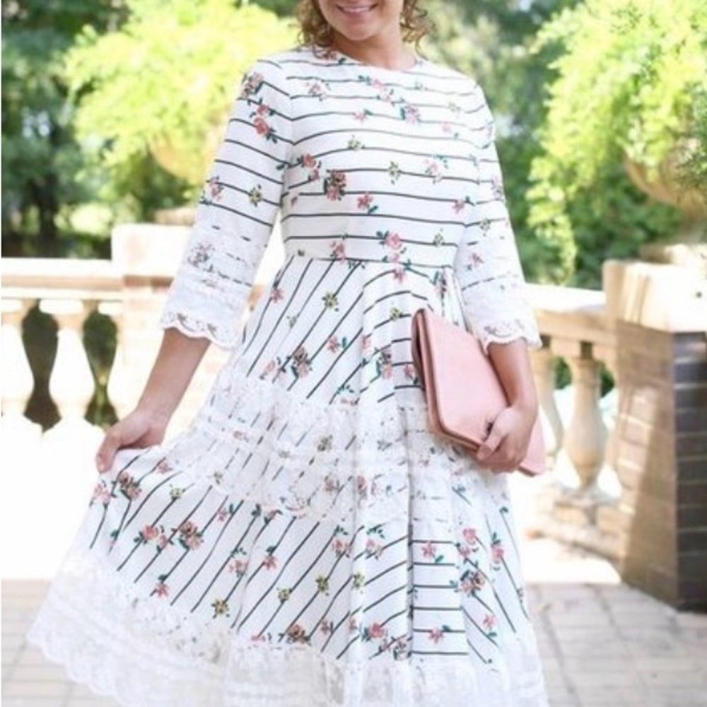 Dainty Jewells White Striped Floral Lace Midi Dress